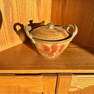 Handmade Pottery Lidded Serving Bowl in Rust and Tan